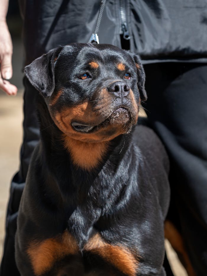 Close-up of a Rottweiler with a black coat and a leash, outdoors in Tbilisi.